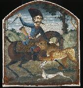 unknow artist, Hunter on Horseback Attacked by a Lion